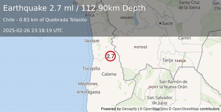 Earthquake TARAPACA, CHILE (2.7 ml) (2025-02-26 23:18:19 UTC)