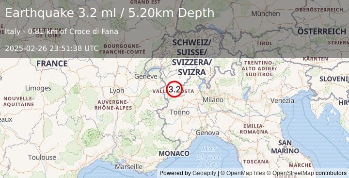 Earthquake NORTHERN ITALY (3.2 ml) (2025-02-26 23:51:38 UTC)