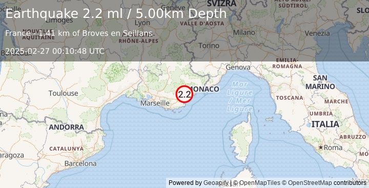 Earthquake NEAR SOUTH COAST OF FRANCE (2.2 ml) (2025-02-27 00:10:48 UTC)