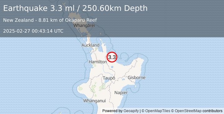 Earthquake NORTH ISLAND OF NEW ZEALAND (3.3 ml) (2025-02-27 00:43:14 UTC)