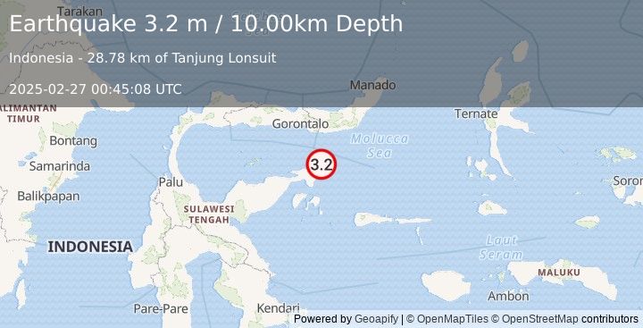 Earthquake SULAWESI, INDONESIA (3.2 m) (2025-02-27 00:45:08 UTC)