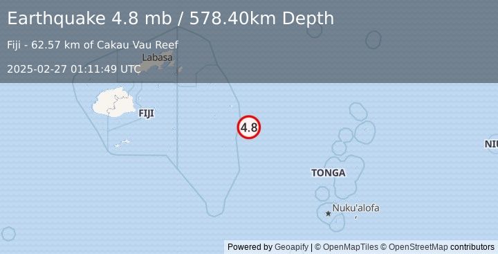 Earthquake FIJI REGION (4.8 mb) (2025-02-27 01:11:49 UTC)