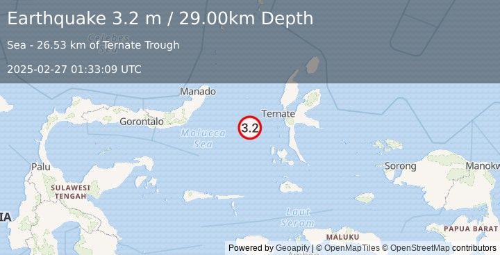 Earthquake MOLUCCA SEA (3.2 m) (2025-02-27 01:33:09 UTC)