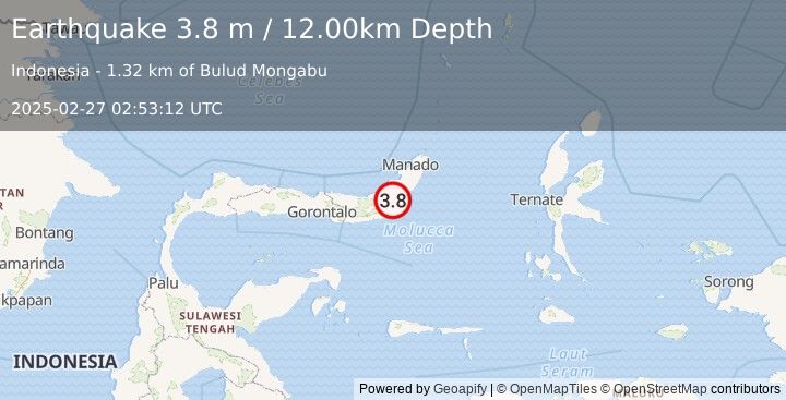 Earthquake MINAHASA, SULAWESI, INDONESIA (3.8 m) (2025-02-27 02:53:12 UTC)