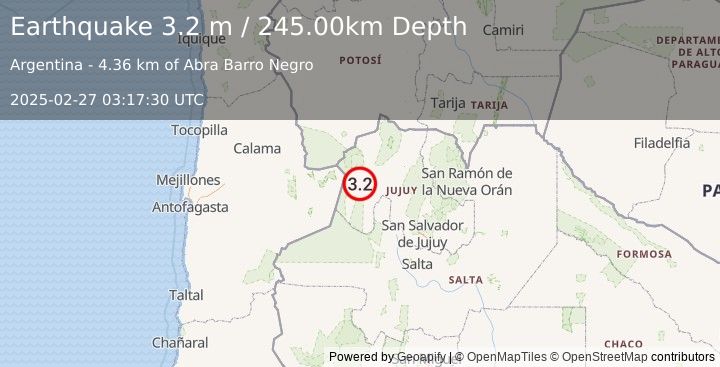 Earthquake JUJUY, ARGENTINA (3.2 m) (2025-02-27 03:17:30 UTC)