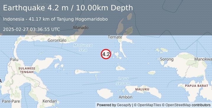 Earthquake MOLUCCA SEA (4.2 m) (2025-02-27 03:36:55 UTC)