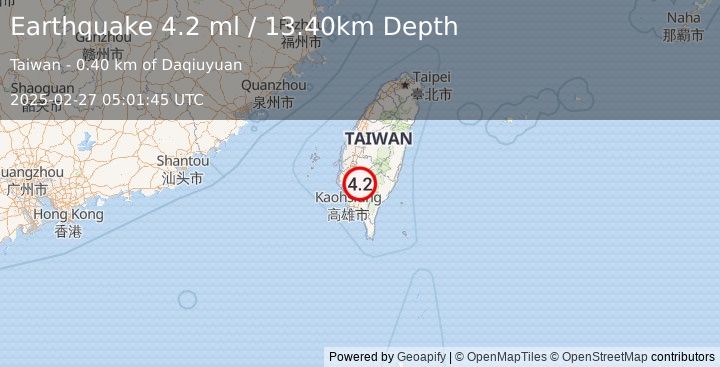 Earthquake TAIWAN (4.2 ml) (2025-02-27 05:01:45 UTC)