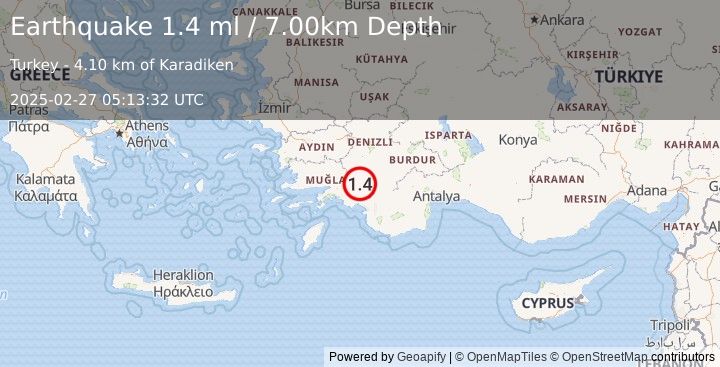 Earthquake WESTERN TURKEY (1.4 ml) (2025-02-27 05:13:32 UTC)