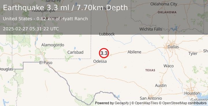 Earthquake WESTERN TEXAS (3.3 ml) (2025-02-27 05:31:21 UTC)