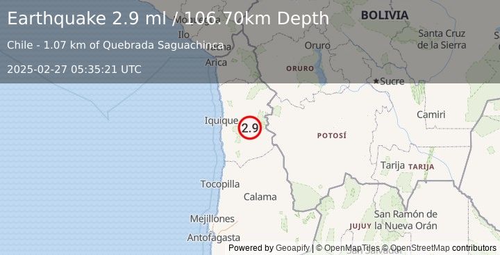 Earthquake TARAPACA, CHILE (2.9 ml) (2025-02-27 05:35:21 UTC)