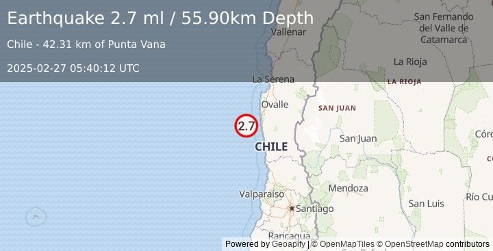 Earthquake OFFSHORE COQUIMBO, CHILE (2.7 ml) (2025-02-27 05:40:12 UTC)