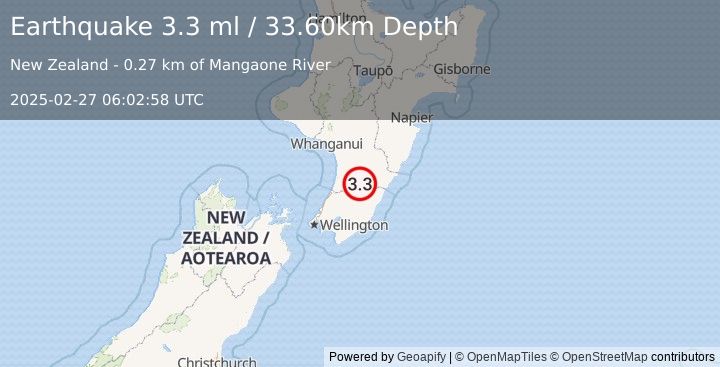 Earthquake NORTH ISLAND OF NEW ZEALAND (3.3 ml) (2025-02-27 06:02:58 UTC)