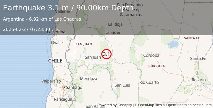 Earthquake SAN JUAN, ARGENTINA (3.1 m) (2025-02-27 07:23:30 UTC)