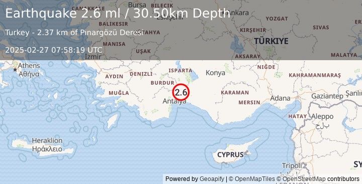 Earthquake WESTERN TURKEY (2.6 ml) (2025-02-27 07:58:19 UTC)