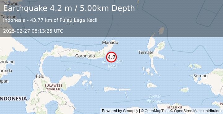 Earthquake MINAHASA, SULAWESI, INDONESIA (4.2 m) (2025-02-27 08:13:25 UTC)