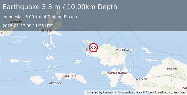 Earthquake NEAR N COAST OF PAPUA, INDONESIA (3.3 m) (2025-02-27 09:11:25 UTC)