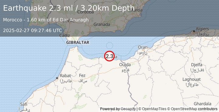 Earthquake STRAIT OF GIBRALTAR (2.3 ml) (2025-02-27 09:27:46 UTC)