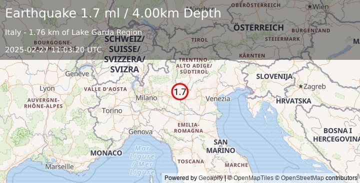 Earthquake NORTHERN ITALY (1.7 ml) (2025-02-27 11:03:20 UTC)