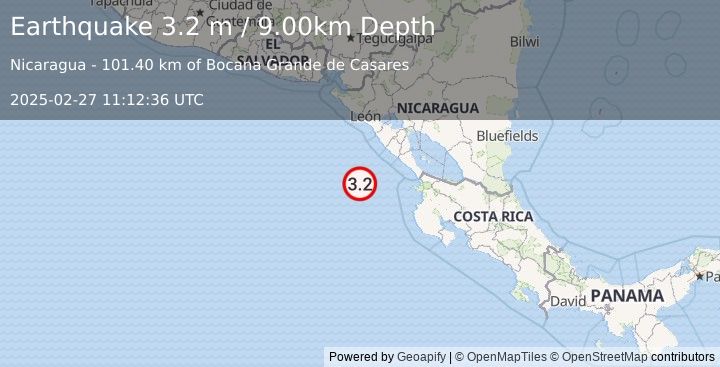 Earthquake OFF COAST OF COSTA RICA (3.2 m) (2025-02-27 11:12:36 UTC)