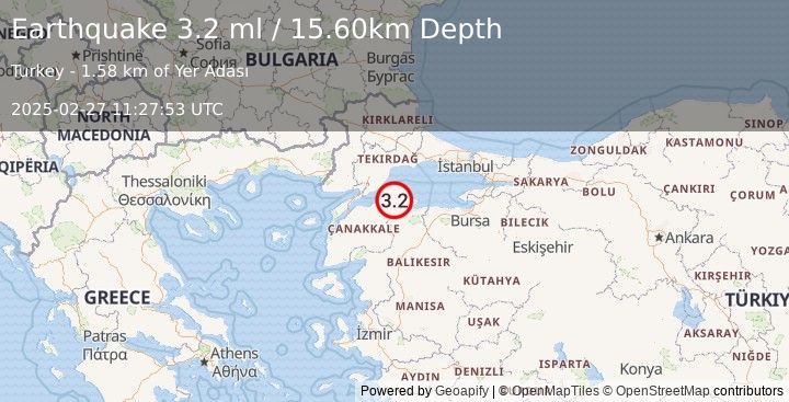 Earthquake WESTERN TURKEY (3.1 ml) (2025-02-27 11:27:54 UTC)