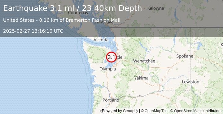 Earthquake SEATTLE-TACOMA AREA, WASHINGTON (3.1 ml) (2025-02-27 13:16:10 UTC)