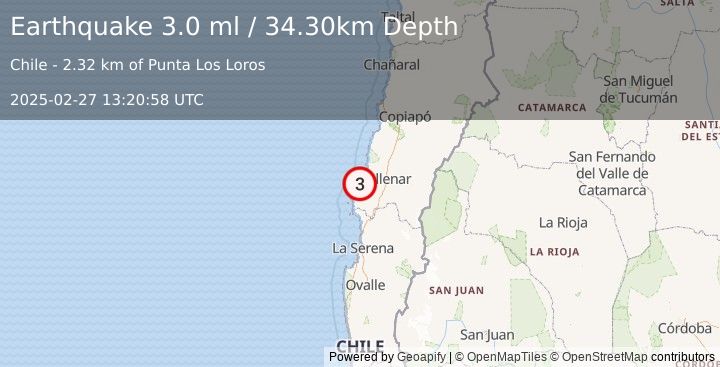 Earthquake OFFSHORE ATACAMA, CHILE (3.0 ml) (2025-02-27 13:20:58 UTC)