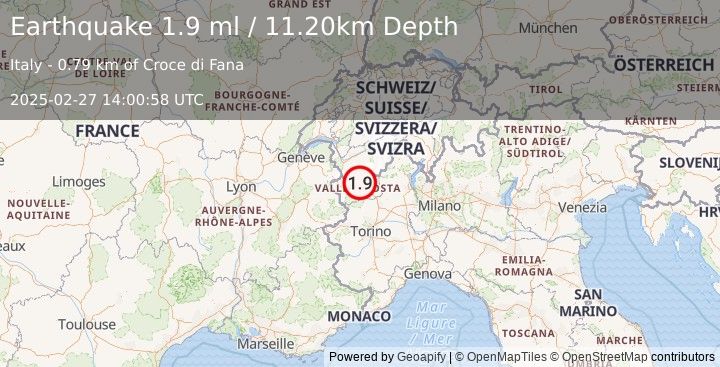 Earthquake NORTHERN ITALY (1.9 ml) (2025-02-27 14:00:58 UTC)