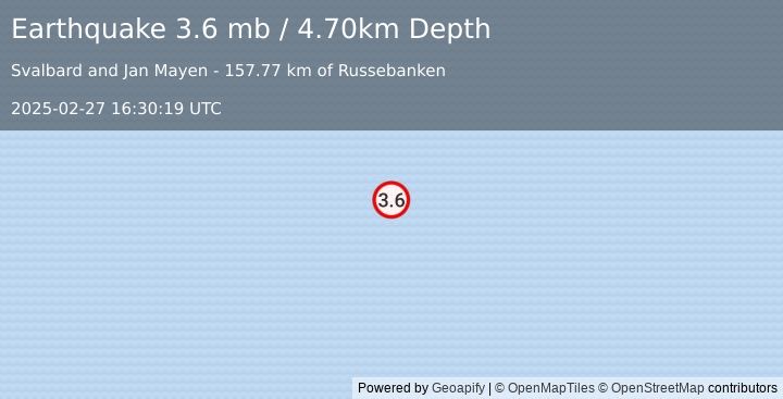 Earthquake NORWEGIAN SEA (3.6 mb) (2025-02-27 16:30:18 UTC)