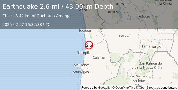 Earthquake ANTOFAGASTA, CHILE (2.6 ml) (2025-02-27 16:32:38 UTC)