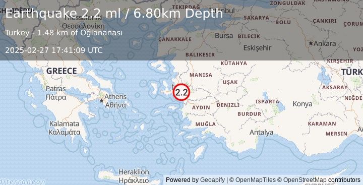 Earthquake WESTERN TURKEY (2.2 ml) (2025-02-27 17:41:09 UTC)