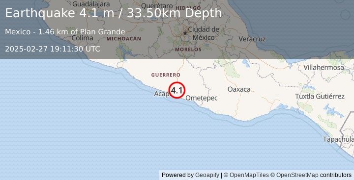 Earthquake GUERRERO, MEXICO (4.1 m) (2025-02-27 19:11:30 UTC)