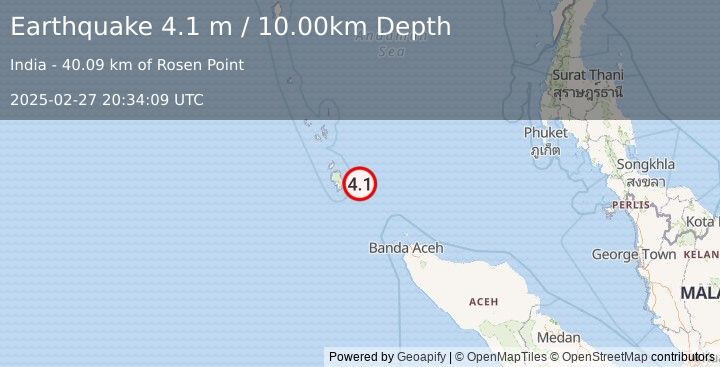 Earthquake NICOBAR ISLANDS, INDIA REGION (4.1 m) (2025-02-27 20:34:09 UTC)