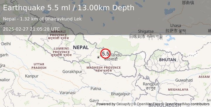 Earthquake NEPAL (5.5 ml) (2025-02-27 21:05:28 UTC)