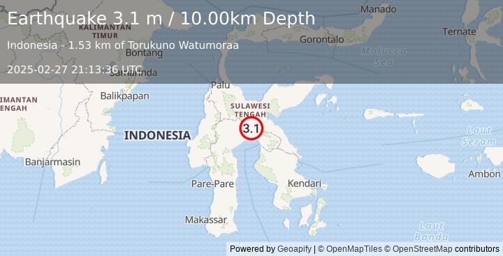 Earthquake SULAWESI, INDONESIA (3.1 m) (2025-02-27 21:13:36 UTC)