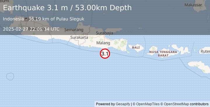 Earthquake JAVA, INDONESIA (3.1 m) (2025-02-27 22:06:34 UTC)