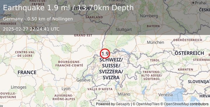 Earthquake FRANCE-GERMANY BORDER REGION (1.9 ml) (2025-02-27 22:24:41 UTC)