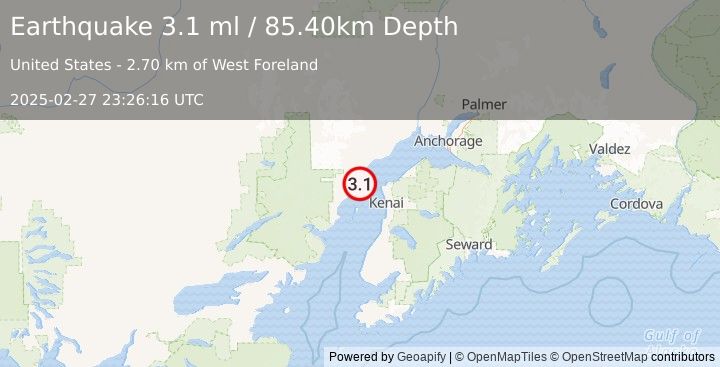 Earthquake KENAI PENINSULA, ALASKA (3.1 ml) (2025-02-27 23:26:16 UTC)