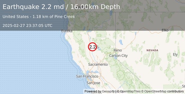 Earthquake NORTHERN CALIFORNIA (2.2 md) (2025-02-27 23:37:05 UTC)