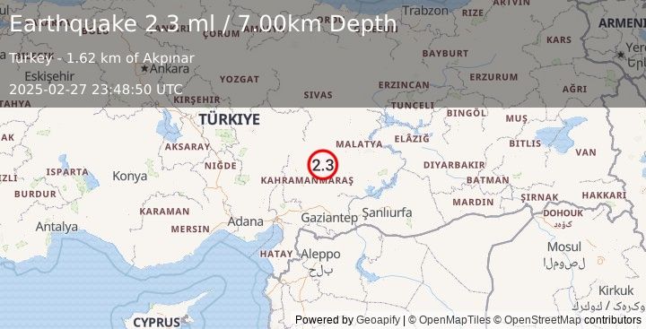 Earthquake CENTRAL TURKEY (2.3 ml) (2025-02-27 23:48:50 UTC)