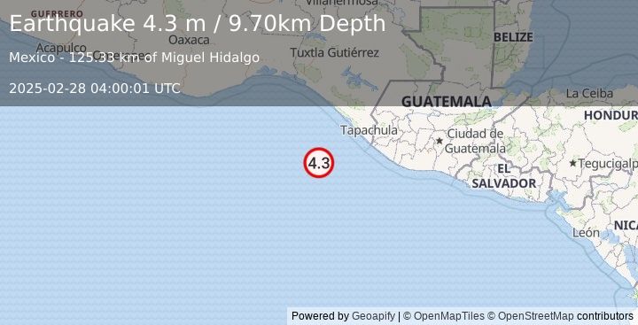 Earthquake OFF COAST OF CHIAPAS, MEXICO (4.3 m) (2025-02-28 04:00:01 UTC)