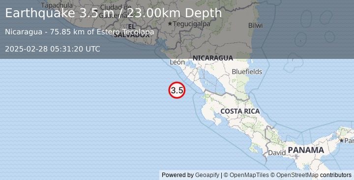 Earthquake NEAR COAST OF NICARAGUA (3.5 m) (2025-02-28 05:31:20 UTC)