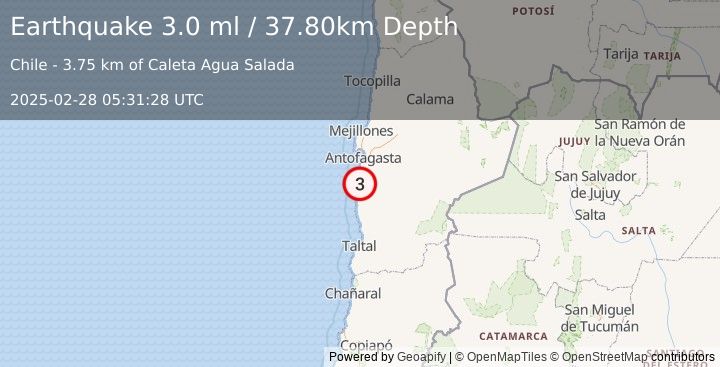 Earthquake ANTOFAGASTA, CHILE (3.0 ml) (2025-02-28 05:31:29 UTC)