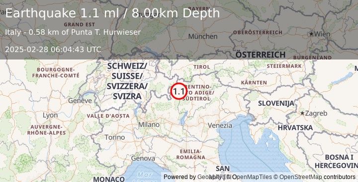 Earthquake NORTHERN ITALY (1.1 ml) (2025-02-28 06:04:43 UTC)