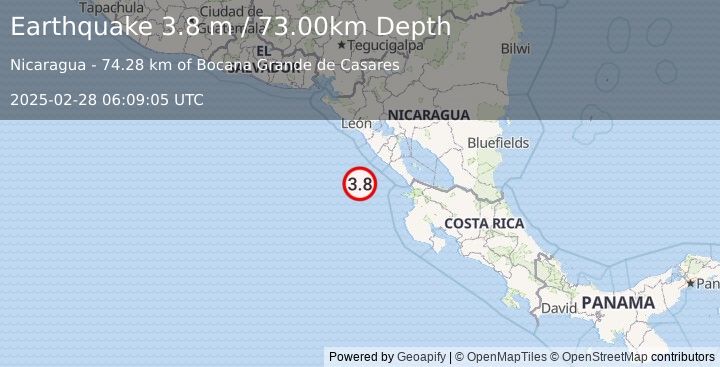 Earthquake NEAR COAST OF NICARAGUA (3.8 m) (2025-02-28 06:09:05 UTC)