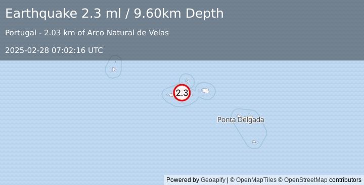 Earthquake AZORES ISLANDS, PORTUGAL (2.3 ml) (2025-02-28 07:02:16 UTC)