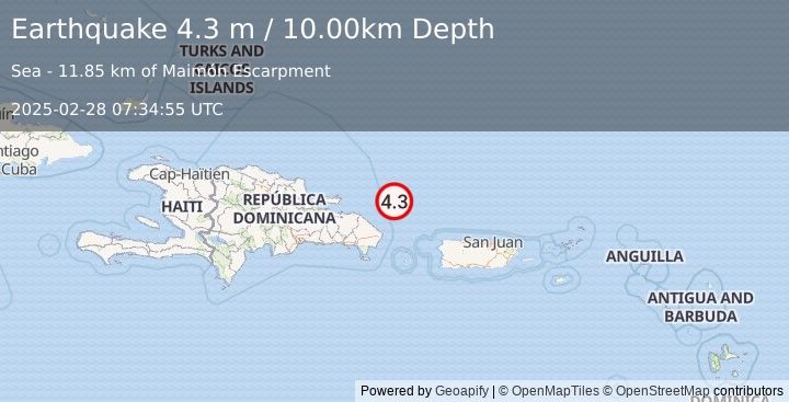 Earthquake DOMINICAN REPUBLIC REGION (4.3 m) (2025-02-28 07:34:55 UTC)