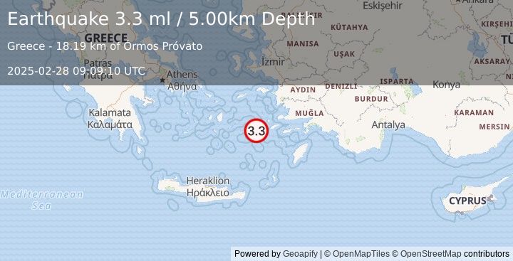 Earthquake DODECANESE ISLANDS, GREECE (3.2 ml) (2025-02-28 09:09:09 UTC)