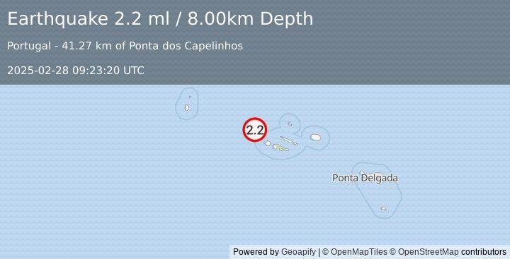 Earthquake AZORES ISLANDS, PORTUGAL (2.2 ml) (2025-02-28 09:23:20 UTC)