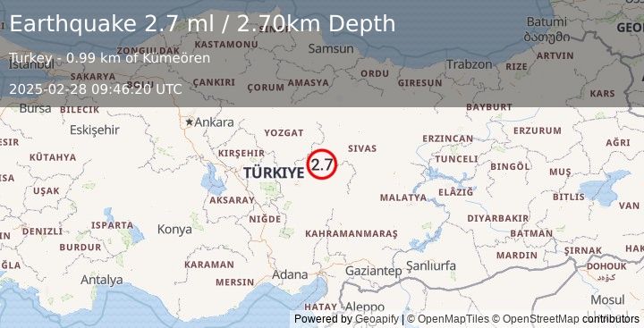 Earthquake CENTRAL TURKEY (2.7 ml) (2025-02-28 09:46:20 UTC)