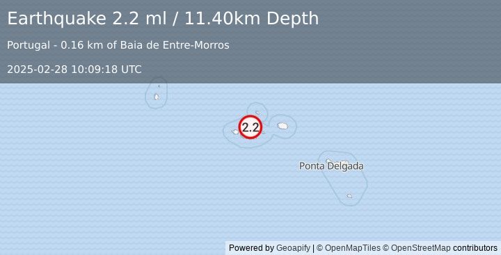 Earthquake AZORES ISLANDS, PORTUGAL (2.2 ml) (2025-02-28 10:09:18 UTC)